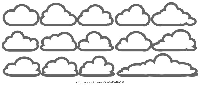 Collection of cloud illustrations in outline style. Vector set of cartoon clouds in flat design.Cloud.