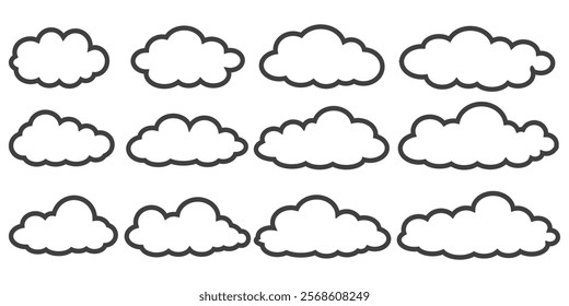 Collection of cloud illustrations in outline style. Vector set of cartoon clouds in flat design.Cloud
