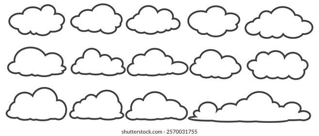 Collection of cloud illustrations in outline style. Vector set of cartoon clouds in flat design.Cloud.