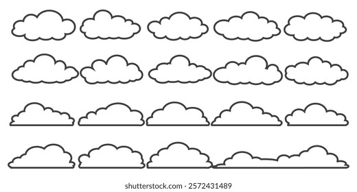 Collection of cloud illustrations in outline style. Vector set of cartoon clouds in flat design.Cloud