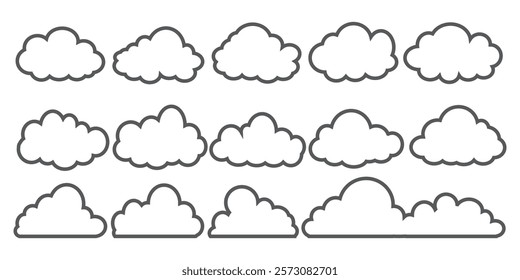 Collection of cloud illustrations in outline style. Vector set of cartoon clouds in flat design.Cloud