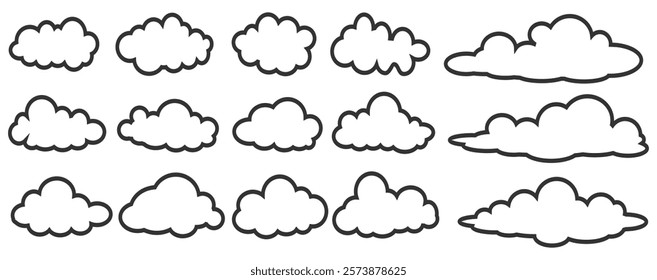 Collection of cloud illustrations in outline style. Vector set of cartoon clouds in flat design.Cloud