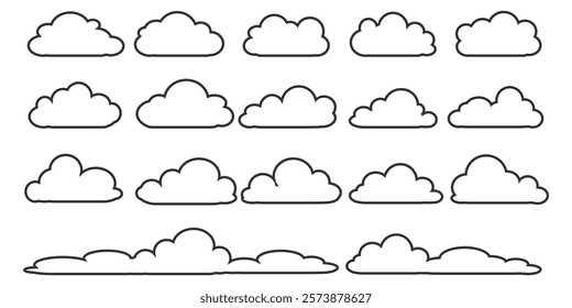 Collection of cloud illustrations in outline style. Vector set of cartoon clouds in flat design.Cloud