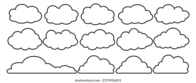 Collection of cloud illustrations in outline style. Vector set of cartoon clouds in flat design.Cloud