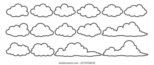 Collection of cloud illustrations in outline style. Vector set of cartoon clouds in flat design.Cloud