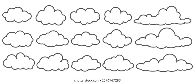 Collection of cloud illustrations in outline style. Vector set of cartoon clouds in flat design.Cloud