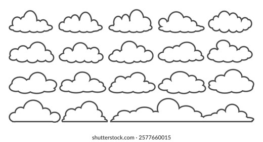 Collection of cloud illustrations in outline style. Vector set of cartoon clouds in flat design.Cloud
