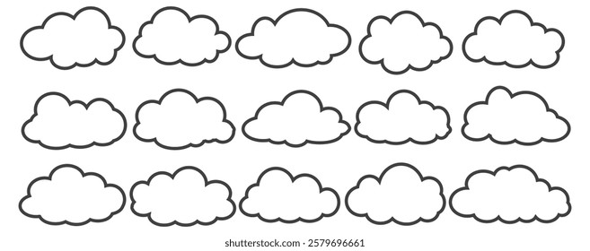 Collection of cloud illustrations in outline style. Vector set of cartoon clouds in flat design.Cloud