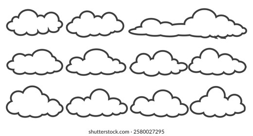 Collection of cloud illustrations in outline style. Vector set of cartoon clouds in flat design.Cloud