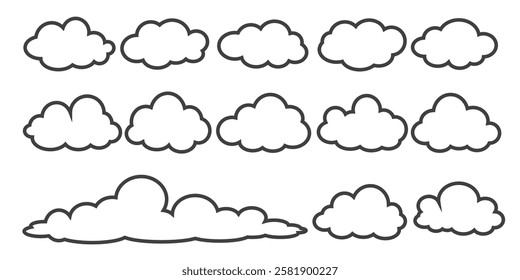 Collection of cloud illustrations in outline style. Vector set of cartoon clouds in flat design.Cloud