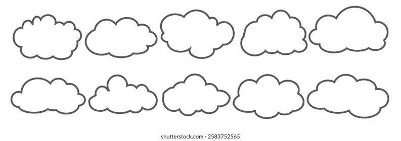 Collection of cloud illustrations in outline style. Vector set of cartoon clouds in flat design.Cloud