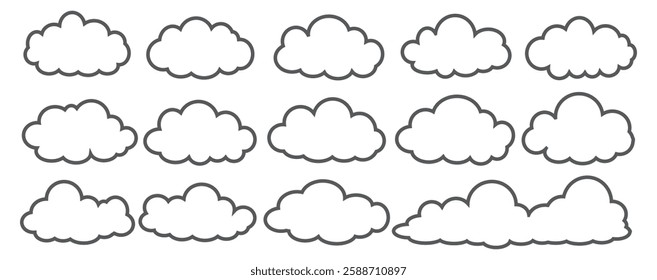 Collection of cloud illustrations in outline style. Vector set of cartoon clouds in flat design.Cloud.