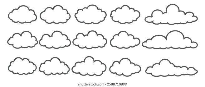 Collection of cloud illustrations in outline style. Vector set of cartoon clouds in flat design.Cloud.