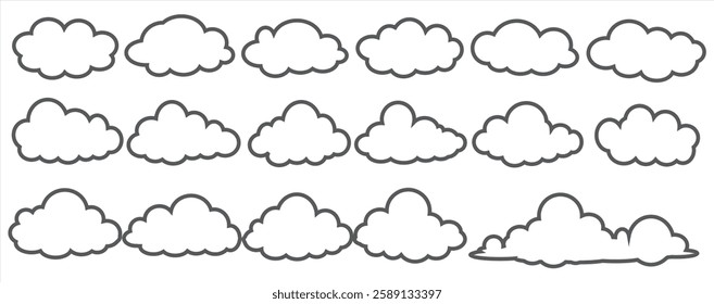 Collection of cloud illustrations in outline style. Vector set of cartoon clouds in flat design.Cloud.