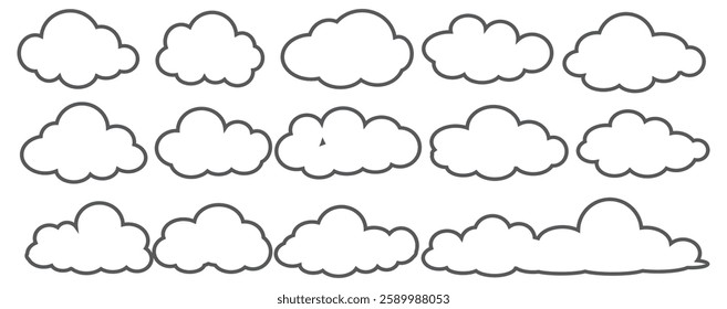 Collection of cloud illustrations in outline style. Vector set of cartoon clouds in flat design.Cloud.