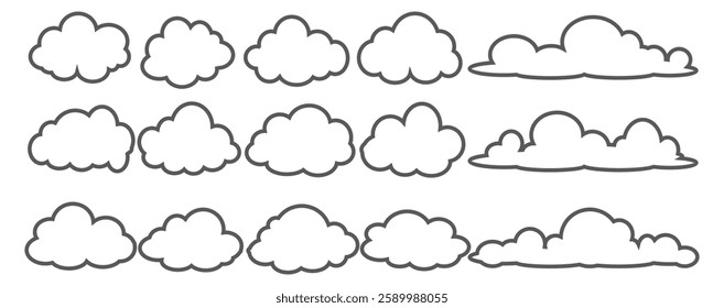 Collection of cloud illustrations in outline style. Vector set of cartoon clouds in flat design.Cloud.