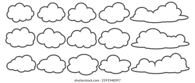 Collection of cloud illustrations in outline style. Vector set of cartoon clouds in flat design.Cloud.