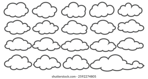 Collection of cloud illustrations in outline style. Vector set of cartoon clouds in flat design.Cloud.