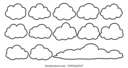 Collection of cloud illustrations in outline style. Vector set of cartoon clouds in flat design.Cloud.