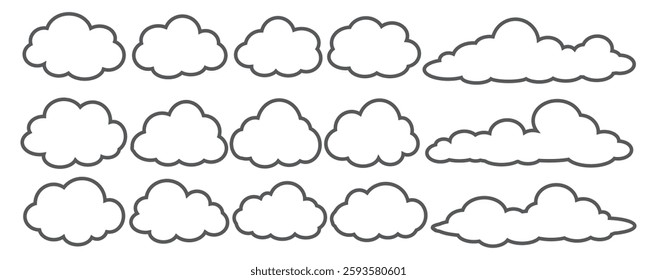 Collection of cloud illustrations in outline style. Vector set of cartoon clouds in flat design.Cloud.