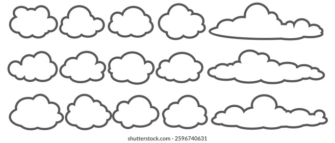 Collection of cloud illustrations in outline style. Vector set of cartoon clouds in flat design.Cloud.