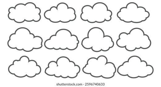 Collection of cloud illustrations in outline style. Vector set of cartoon clouds in flat design.Cloud.