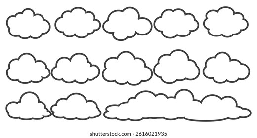 Collection of cloud illustrations in outline style. Vector set of cartoon clouds in flat design.Cloud.