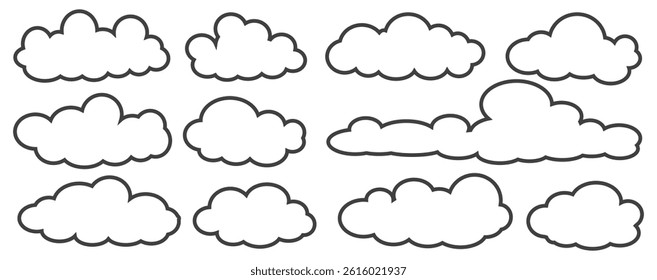 Collection of cloud illustrations in outline style. Vector set of cartoon clouds in flat design.Cloud.