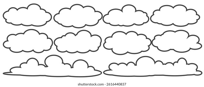 Collection of cloud illustrations in outline style. Vector set of cartoon clouds in flat design.Cloud.