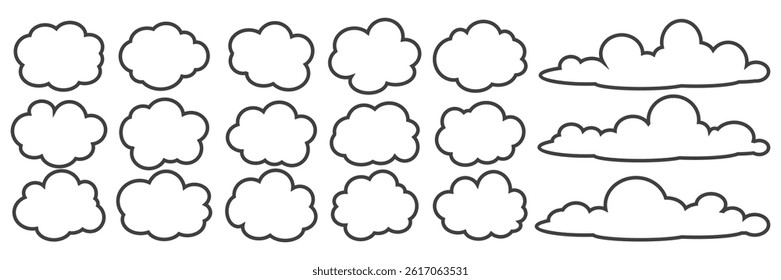 Collection of cloud illustrations in outline style. Vector set of cartoon clouds in flat design.Cloud.