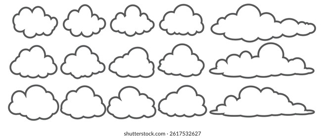 Collection of cloud illustrations in outline style. Vector set of cartoon clouds in flat design.Cloud.
