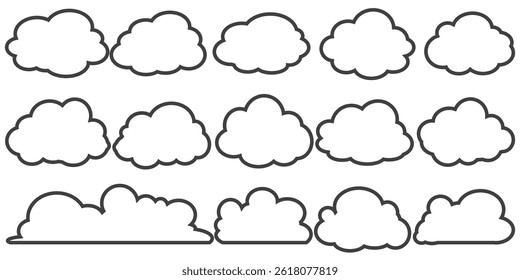 Collection of cloud illustrations in outline style. Vector set of cartoon clouds in flat design.Cloud.