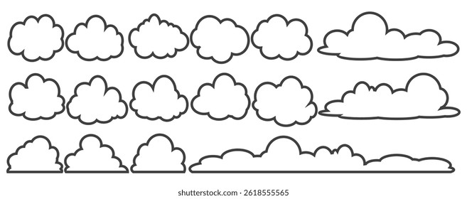 Collection of cloud illustrations in outline style. Vector set of cartoon clouds in flat design.Cloud.