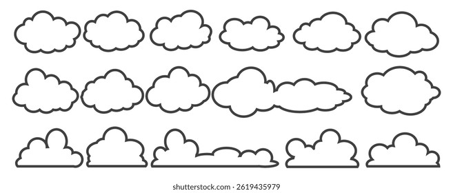 Collection of cloud illustrations in outline style. Vector set of cartoon clouds in flat design.Cloud.
