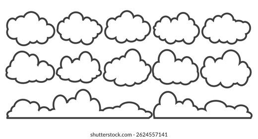 Coleção de ilustrações em nuvem no estilo de estrutura de tópicos. Vetor conjunto de nuvens de desenhos animados em design plano.Nuvem.