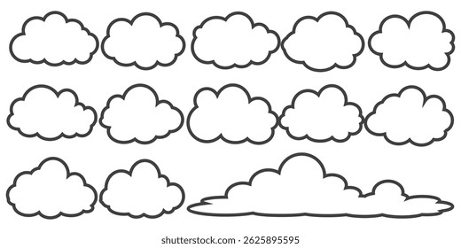 Collection of cloud illustrations in outline style. Vector set of cartoon clouds in flat design.Cloud.