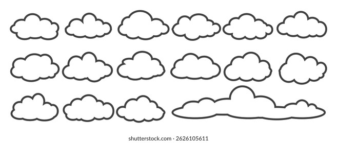 Collection of cloud illustrations in outline style. Vector set of cartoon clouds in flat design.Cloud.