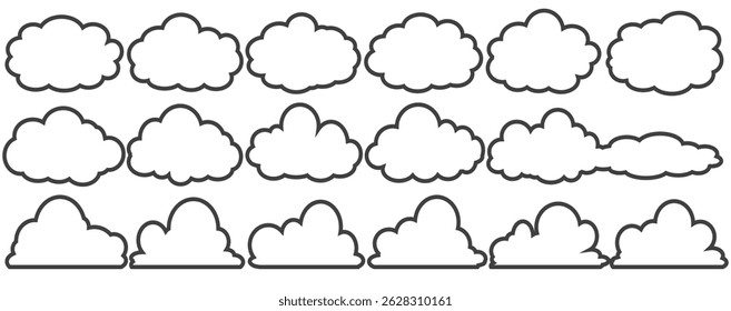 Collection of cloud illustrations in outline style. Vector set of cartoon clouds in flat design.Cloud.