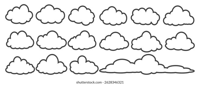 Collection of cloud illustrations in outline style. Vector set of cartoon clouds in flat design.Cloud.