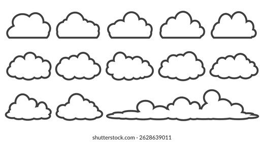 Collection of cloud illustrations in outline style. Vector set of cartoon clouds in flat design.Cloud.