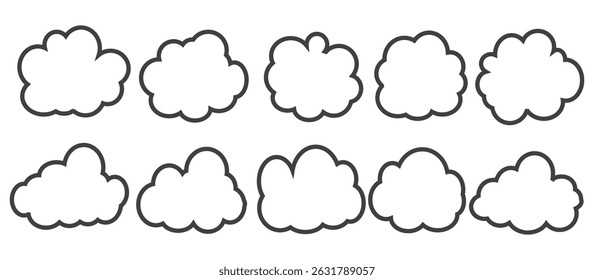 Collection of cloud illustrations in outline style. Vector set of cartoon clouds in flat design.Cloud.