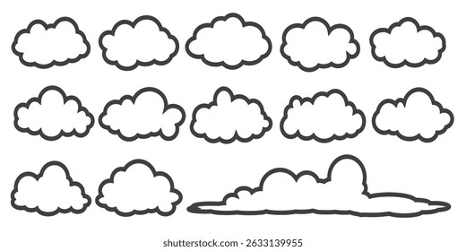 Collection of cloud illustrations in outline style. Vector set of cartoon clouds in flat design.Cloud.