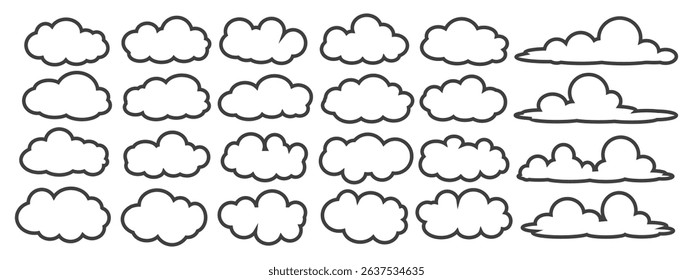 Collection of cloud illustrations in outline style. Vector set of cartoon clouds in flat design.Cloud.