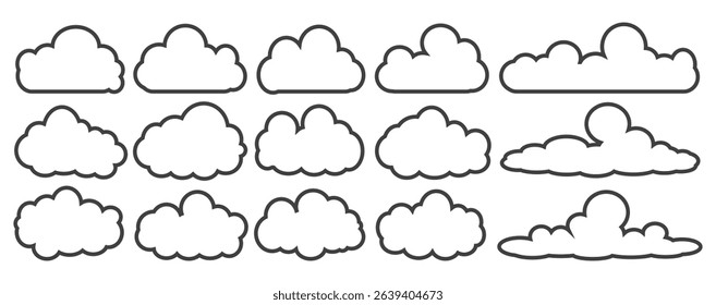 Collection of cloud illustrations in outline style. Vector set of cartoon clouds in flat design.Cloud.
