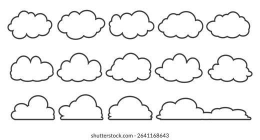 Collection of cloud illustrations in outline style. Vector set of cartoon clouds in flat design.Cloud.
