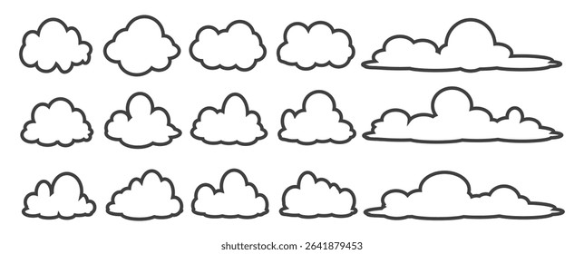 Collection of cloud illustrations in outline style. Vector set of cartoon clouds in flat design.Cloud.