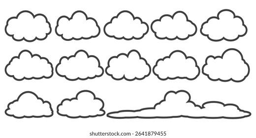 Collection of cloud illustrations in outline style. Vector set of cartoon clouds in flat design.Cloud.