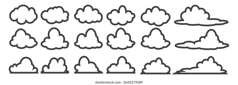Collection of cloud illustrations in outline style. Vector set of cartoon clouds in flat design.Cloud.