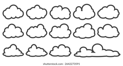 Collection of cloud illustrations in outline style. Vector set of cartoon clouds in flat design.Cloud.