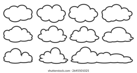 Collection of cloud illustrations in outline style. Vector set of cartoon clouds in flat design.Cloud.